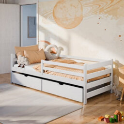 Arte Wooden Bed Leon With Storage Eu Single - Solid Pine Wood Single Bed With Removable Guardrail And Two Drawers - thumbnail 1