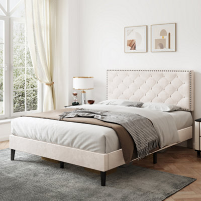 Btm Upholstered Velvet Double Bed 4Ft6 Adjustable Button Tufted And Riveted Headboard Beige No Mattress - image 1