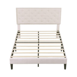 Btm Upholstered Velvet Double Bed 4Ft6 Adjustable Button Tufted And Riveted Headboard Beige No Mattress - thumbnail 9