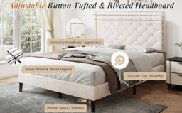 Btm Upholstered Velvet Double Bed 4Ft6 Adjustable Button Tufted And Riveted Headboard Beige No Mattress - thumbnail 8