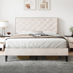 Btm Upholstered Velvet Double Bed 4Ft6 Adjustable Button Tufted And Riveted Headboard Beige No Mattress - thumbnail 2