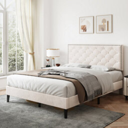 Btm Upholstered Velvet Double Bed 4Ft6 Adjustable Button Tufted And Riveted Headboard Beige No Mattress - thumbnail 1