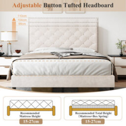 Btm Upholstered Velvet Double Bed 4Ft6 Adjustable Button Tufted And Riveted Headboard Beige No Mattress - thumbnail 3