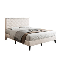 Btm Upholstered Velvet Double Bed 4Ft6 Adjustable Button Tufted And Riveted Headboard Beige No Mattress - thumbnail 7