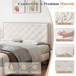 Btm Upholstered Velvet Double Bed 4Ft6 Adjustable Button Tufted And Riveted Headboard Beige No Mattress - thumbnail 4