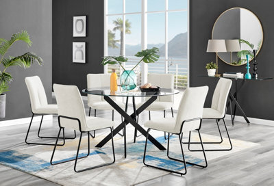 Furniturebox Novara Clear Tempered Glass 120Cm Round Dining Table With Black Starburst Legs & 6 Cream Halle Soft Fabric Chairs - image 1