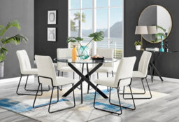 Furniturebox Novara Clear Tempered Glass 120Cm Round Dining Table With Black Starburst Legs & 6 Cream Halle Soft Fabric Chairs