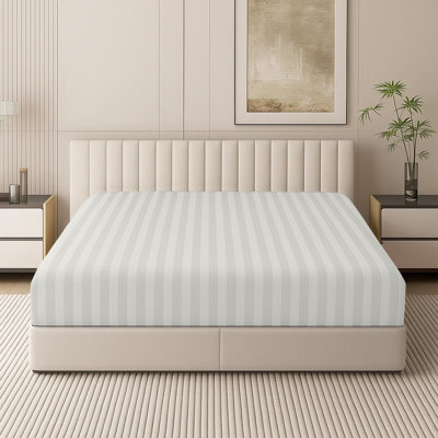 Oxford Homeware White Satin Stripe Fitted Sheet 40Cm Extra Deep Pocket Soft Easy Care Bedding Sheet (W)152Cmx(L)200Cm (King) - image 1