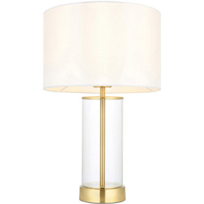 Loops Satin Brass Plate & Clear Glass Table Lamp - Vintage White Fabric Shade - 440mm Dimmable Tall Light - image 1