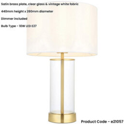 Loops Satin Brass Plate & Clear Glass Table Lamp - Vintage White Fabric Shade - 440mm Dimmable Tall Light - thumbnail 2