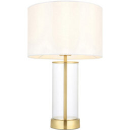 Loops Satin Brass Plate & Clear Glass Table Lamp - Vintage White Fabric Shade - 440mm Dimmable Tall Light