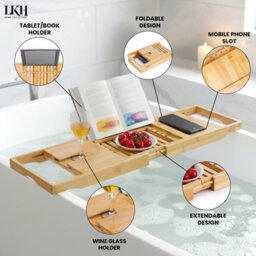 LKH Home Collection Lkh Expandable Bamboo Bath Tray Caddy 78 To 105 X 22 Cm Foldable Bathtub Rack With Wine Glass Holder Mobile Tablet Book Stand - thumbnail 6