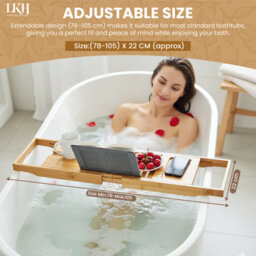 LKH Home Collection Lkh Expandable Bamboo Bath Tray Caddy 78 To 105 X 22 Cm Foldable Bathtub Rack With Wine Glass Holder Mobile Tablet Book Stand - thumbnail 4