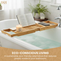 LKH Home Collection Lkh Expandable Bamboo Bath Tray Caddy 78 To 105 X 22 Cm Foldable Bathtub Rack With Wine Glass Holder Mobile Tablet Book Stand - thumbnail 8