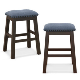 Costway Set Of 2 Bar Stools Saddle Padded Seat Stool 62Cm Counter Height Stools W/ Wood Legs - thumbnail 1
