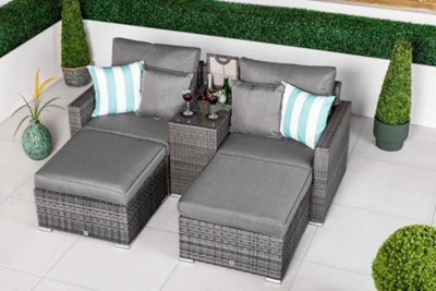 Giardino Havana 2 Seat Modular Sofa Rattan Garden Balcony Furniture Set Outdoor Drinks Cooler Table & 2 Ottomans - Grey - image 1