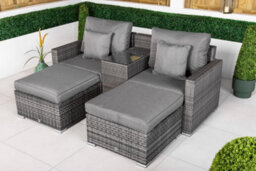 Giardino Havana 2 Seat Modular Sofa Rattan Garden Balcony Furniture Set Outdoor Drinks Cooler Table & 2 Ottomans - Grey - thumbnail 4