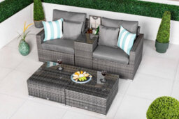 Giardino Havana 2 Seat Modular Sofa Rattan Garden Balcony Furniture Set Outdoor Drinks Cooler Table & 2 Ottomans - Grey - thumbnail 2