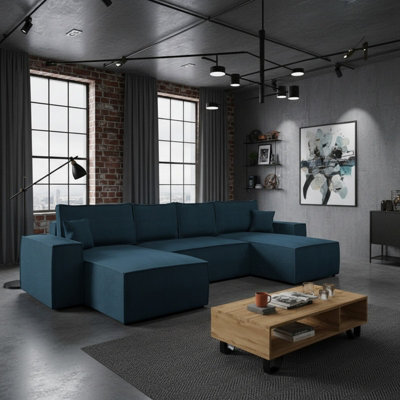 Malaga U Mdf Corner Sofa Bed With Dl Pull Out Seat Storage For Living Room Freestanding Back 370X181X94Cm Torquoise Corduroy - image 1