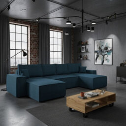 Malaga U Mdf Corner Sofa Bed With Dl Pull Out Seat Storage For Living Room Freestanding Back 370X181X94Cm Torquoise Corduroy - thumbnail 1