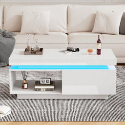 Abrihome White High-Gloss Led Coffee Table With Rgb Lights, Drawer Storage & Display Shelf-Modern Living Room Centre Table - thumbnail 1