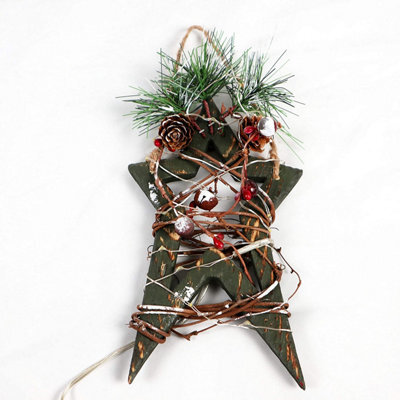 Shatchi 30Cm Red Wooden Led Tree Tabletop Centrepiece Christmas Holiday Home Décor With 20 Warm White Leds Green Star - image 1