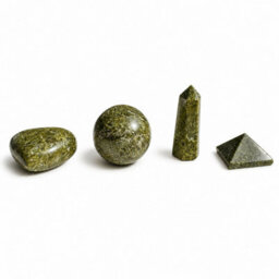 Four Gemstone Shapes Set Epidote Heart, Sphere, Obelisk & Pyramid - thumbnail 1