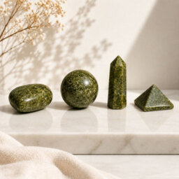 Four Gemstone Shapes Set Epidote Heart, Sphere, Obelisk & Pyramid - thumbnail 5