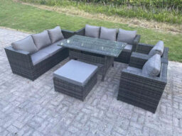 Fimous Outdoor Lounge Sofa Garden Furniture Set Patio Rattan Rectangular Dining Table With 2 Armchair Big Footstool 9 Seater - thumbnail 2