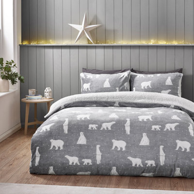 Catherine Lansfield Cosy Polar Bear Soft Sherpa King Duvet Cover Set With Pillowcases Grey - image 1
