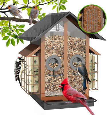 4Lb Metal Bird Feeder With Double Suet Cage & Weatherproof Roof, 2-In-1 Seed/suet For Cardinals & Finches (Brown) - image 1