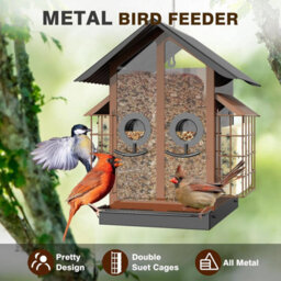4Lb Metal Bird Feeder With Double Suet Cage & Weatherproof Roof, 2-In-1 Seed/suet For Cardinals & Finches (Brown) - thumbnail 4