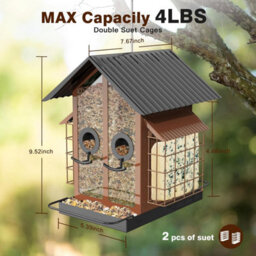 4Lb Metal Bird Feeder With Double Suet Cage & Weatherproof Roof, 2-In-1 Seed/suet For Cardinals & Finches (Brown) - thumbnail 7