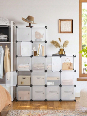 Songmics  16-Cube Diy Storage Organiser Unit, Plastic Closet Cabinet, Wardrobe, With Doors, For Clothes Shoes Toys Books,