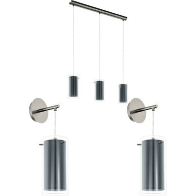 Modern Satin Nickel Ceiling Pendant Light With Matching Wall Sconces And Clear Glass Shades - image 1