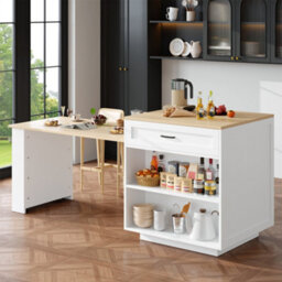 Abrihome Extendable Bar Table With Storage, With 2 Drawers And 4 Compartments, Expandable Kitchen Island Table With Side Shelves, White - thumbnail 4
