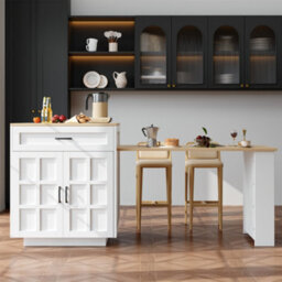 Abrihome Extendable Bar Table With Storage, With 2 Drawers And 4 Compartments, Expandable Kitchen Island Table With Side Shelves, White - thumbnail 2