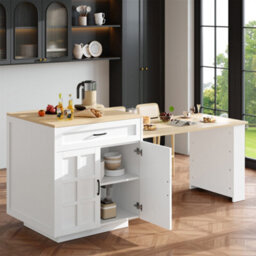 Abrihome Extendable Bar Table With Storage, With 2 Drawers And 4 Compartments, Expandable Kitchen Island Table With Side Shelves, White - thumbnail 3
