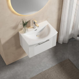 Balterley Belvide Partial Fluted 1 Drawer Wall Hung Vanity Unit With 1 Tap Hole Curved Basin- 600mm - Satin White - thumbnail 3