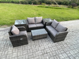 Fimous High Back Rattan Garden Furniture Set With Loveseat Sofa Coffee Table 2 Side Tables Indoor Outdoor Patio Lounge Sofa Set - thumbnail 2