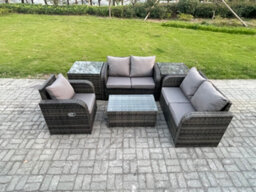 Fimous High Back Rattan Garden Furniture Set With Loveseat Sofa Coffee Table 2 Side Tables Indoor Outdoor Patio Lounge Sofa Set - thumbnail 1