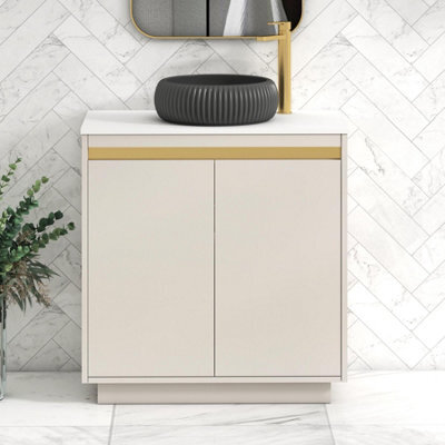 Royal Bathrooms Orion 800mm Warm Taupe Floor Standing Plain White Countertop Vanity Unit 2 Door With Milan Black Basin & Brushed Brass Accent Trim - image 1