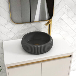 Royal Bathrooms Orion 800mm Warm Taupe Floor Standing Plain White Countertop Vanity Unit 2 Door With Milan Black Basin & Brushed Brass Accent Trim - thumbnail 5