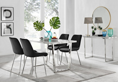 Furniturebox Uk Kylo White Marble Effect Dining Table & 4 Black Pesaro Silver Leg Chairs - image 1
