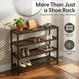 Keplin 4 Tier Natural Bamboo Shoe Rack Easy Assembly & Strong Design Shelf Organiser, Black - thumbnail 4