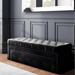 120Cm Duke Upholstered Tufted Plush Velvet Ottoman Storage Box, Black End Of Bed Blanket & Shoe Bench With Hinged Lid