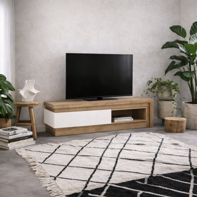 Wyld Haus Hjorring Natural Oak Wood And White 1-Drawer Tv Cabinet With Open Shelf - image 1