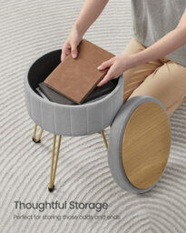 Songmics Storage Ottoman, Velvet Dressing Table Stool, Round Storage Stool Seat, 4 Metal Legs, Dove Grey - thumbnail 5