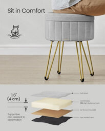 Songmics Storage Ottoman, Velvet Dressing Table Stool, Round Storage Stool Seat, 4 Metal Legs, Dove Grey - thumbnail 3