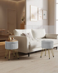 Songmics Storage Ottoman, Velvet Dressing Table Stool, Round Storage Stool Seat, 4 Metal Legs, Dove Grey - thumbnail 1
